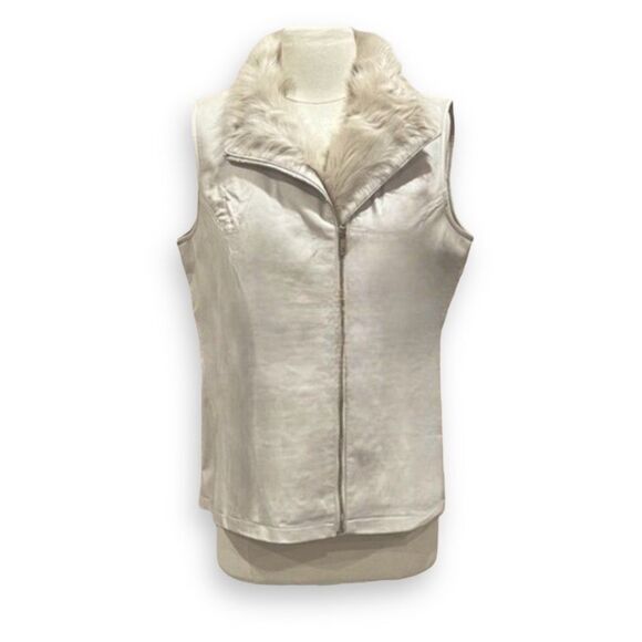 Dennis Basso NWOT Ivory Faux Fur and Leather Moto Vest Size Small - Picture 1 of 13